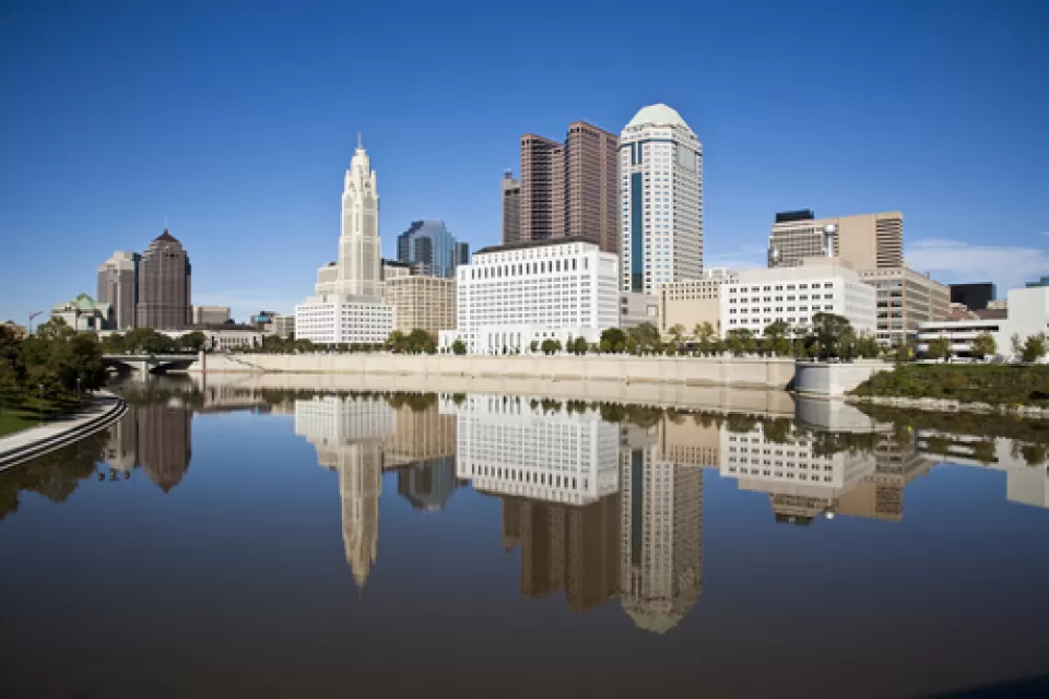 Columbus, Ohio skyline reflected in the Scioto River